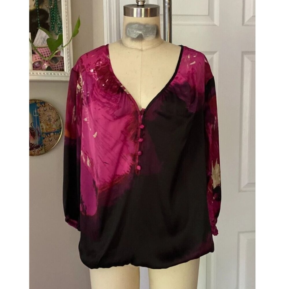 ZAC & RACHEL Pink ORCHID V-neck Silky Poet Sleeve Blouse Tunic Shirt *LARGE*